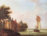 A wooded river landscape in Hoolland with a Dutch hooder under sail in a brisk wind Francis Swaine